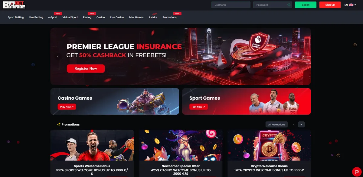 Betride Casino Homepage — Live promotions, casino games, and sports betting